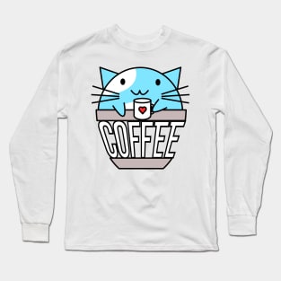 Cat in coffee cup with warped text holding coffee cup with heart blue and white Long Sleeve T-Shirt